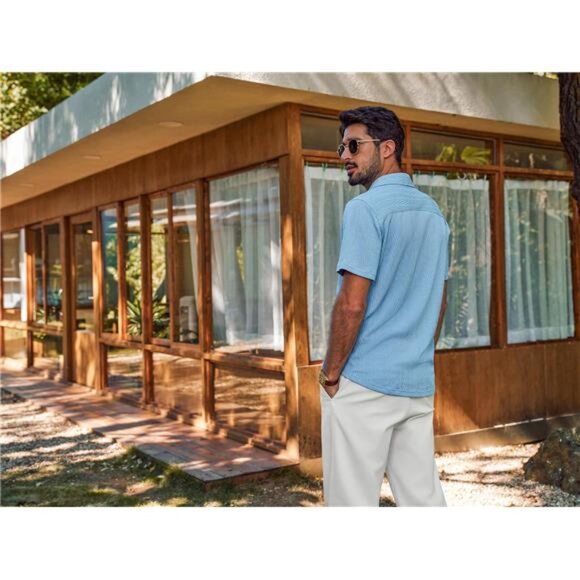 Mens Button Down Shirts Casual Short Sleeve Shirts Summer Knit - Picture 4 of 5